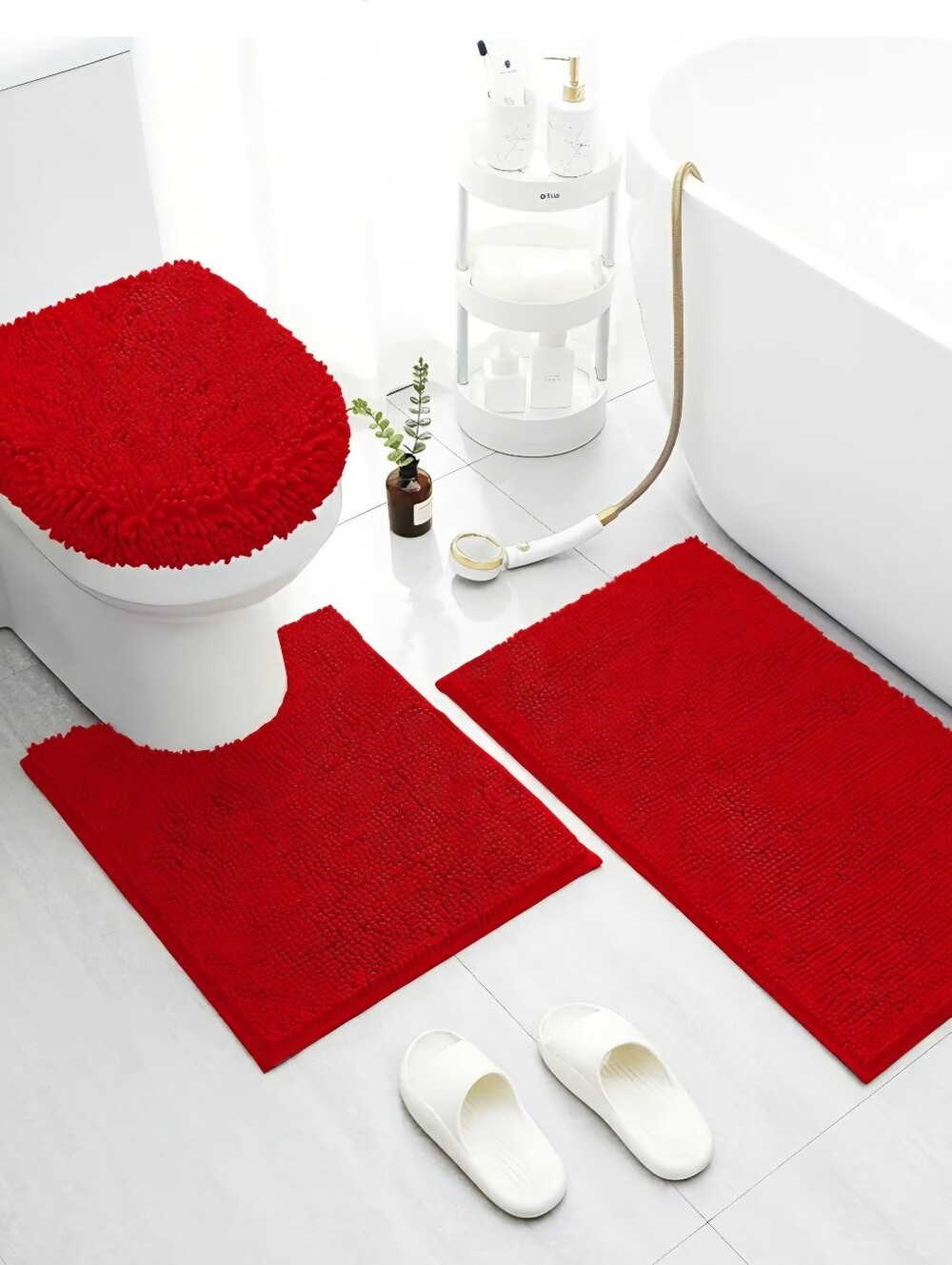 Bath Rug 3 Piece Shaggy Red Faux Fur & Non Slip Grip Home Decor Accessories Set